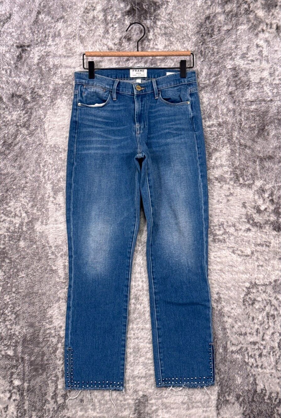 Frame Jeans 26 Womens Le High Straight Studded Raw Hem Medium Wash Denim